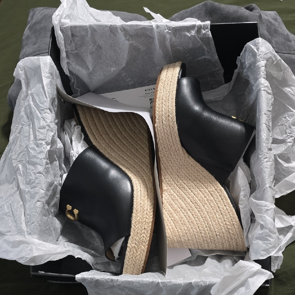 Coach Black and Tan Wedge Sandals